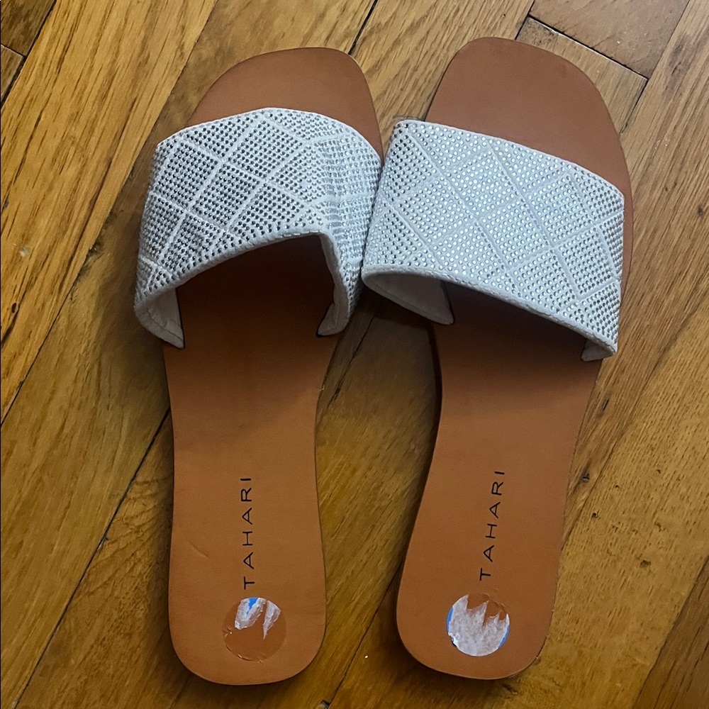 Tahari Textured White Slide Sandals with rhinestones